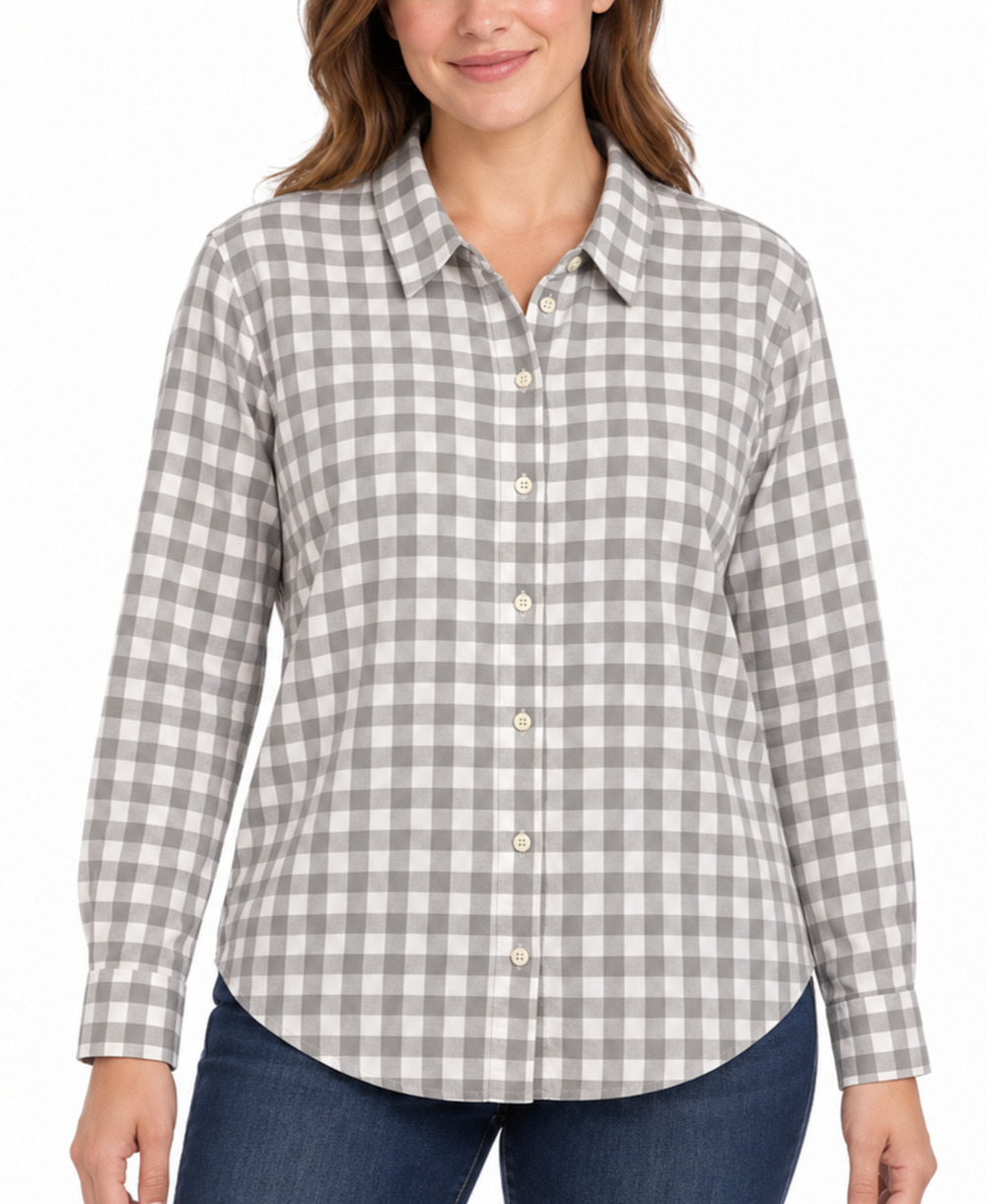 Garnet Hill Shirt Womens 18 Gray White Gingham Cotton Long Sleeve Button Front